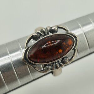 Baltic Amber Sterling Silver Ring Oval Stone Gothic Modernist 7 Polish